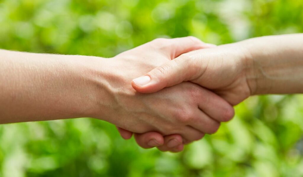 Man and a woman shaking hands in front of a green background