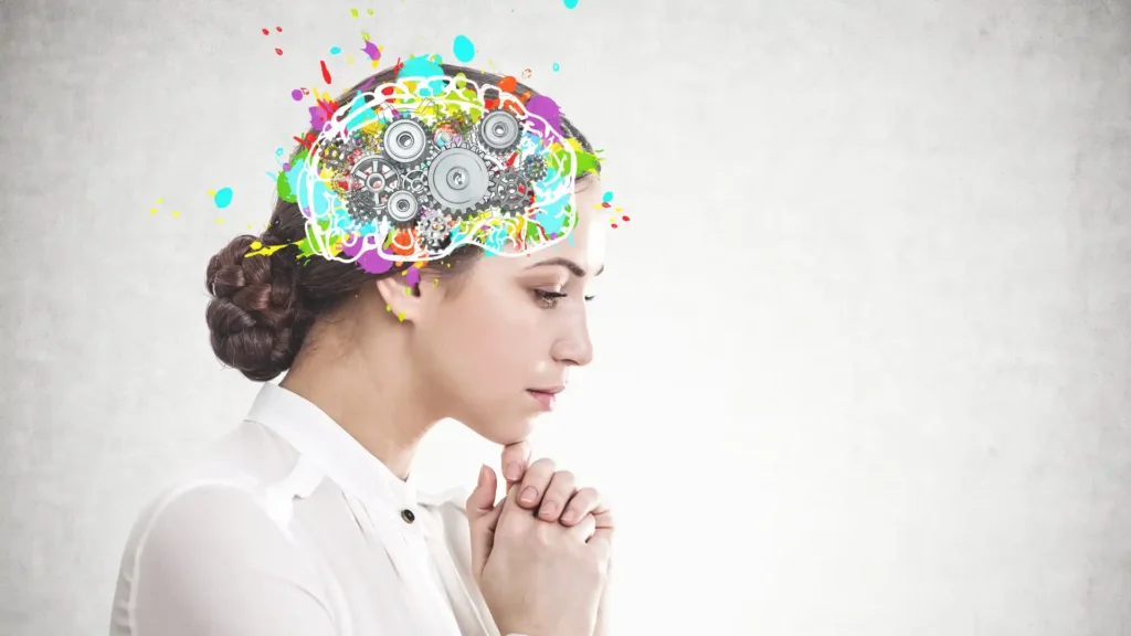 a woman with a colorful brain engine photoshoped on their head