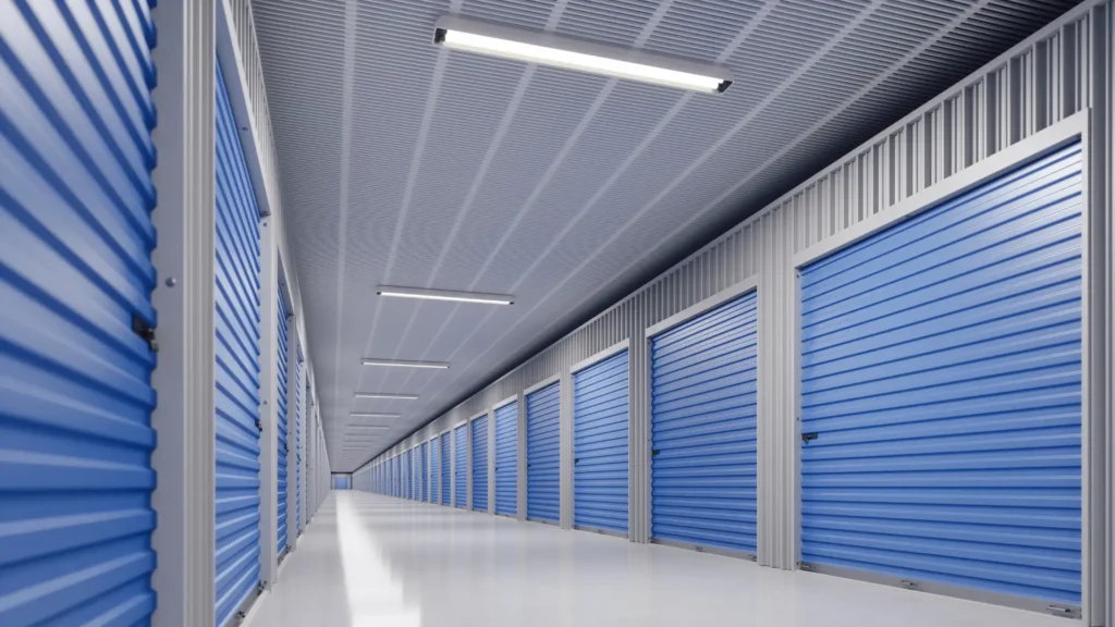 a long hallway with blue doors in a storage facility